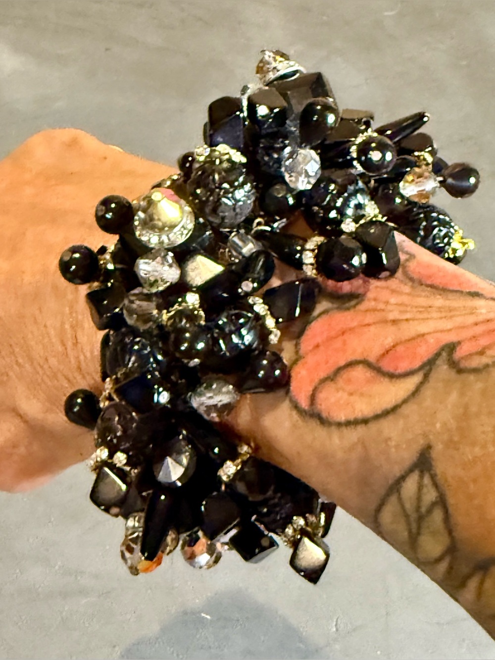 Vintage 80s Statement Stretch Bracelet Beaded Rhinestone Cluster Boutique Glam